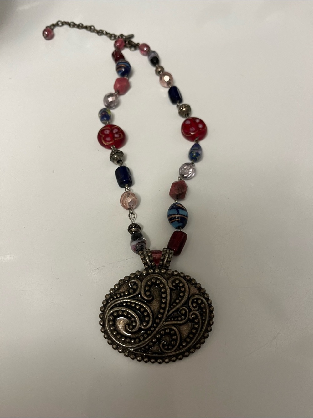 Antique-Style Round Pendant Necklace with Red & Blue Beads